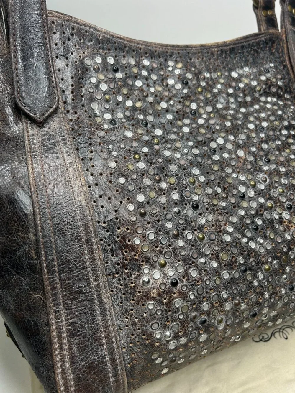 NWOT Frye DEBORAH Chocolate Brown Leather Studded Shoulder Satchel Tote Handbag